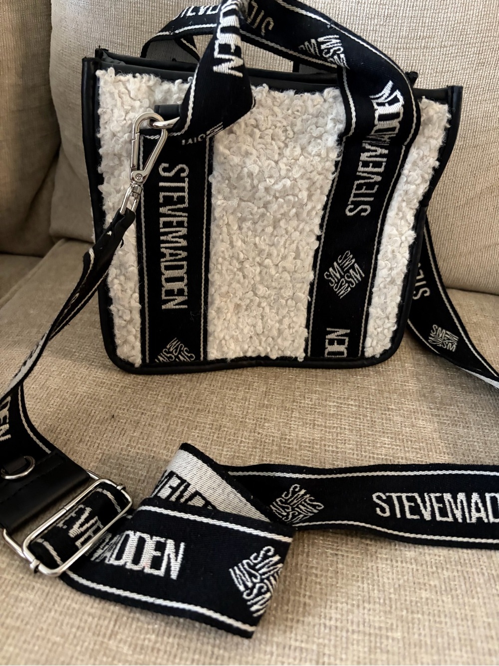 Steve Madden Black & Cream Sherpa Logo Strap Tote